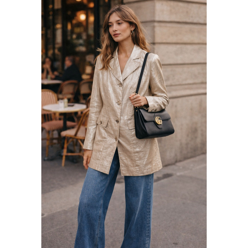 Neiman Marcus 8P Champagne Linen Trench Coat $249 Metallic Sheen Long Jacket Tan